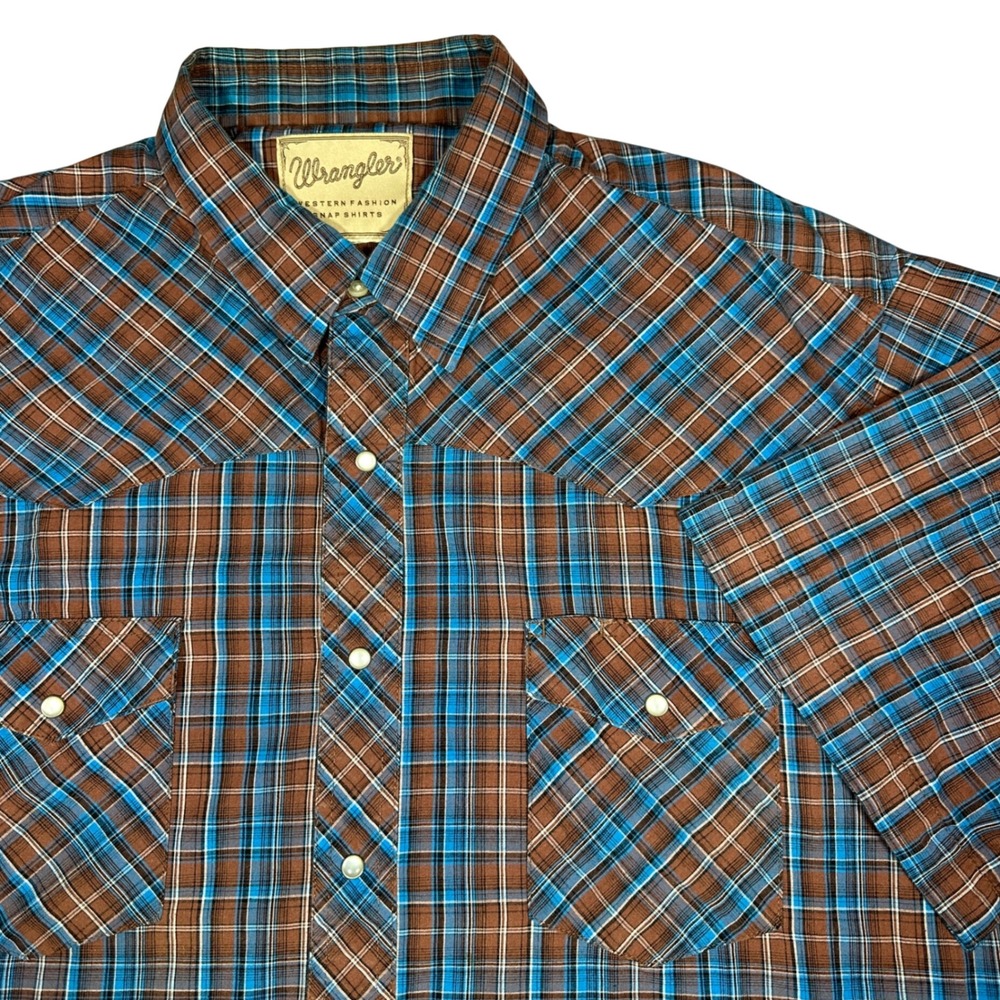 Wrangler Mens Western Fashion Pearl Snap Shirt Brown Blue‎ Plaid Short Sleeve XL